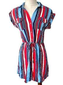 Urban Girl red blue black and white stripe button down short sleeve dress