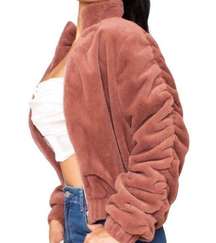 Symphony Plush Cropped Puffy Bomber Jacket Mauve Pink Size Medium NWT