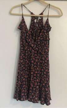 floral sundress wrap style black red tie up back summer dress