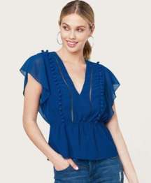 Bebe Pom Ruffle Drop Waist Blouse Chiffon Top V-Neck Sheer Blue Work Career