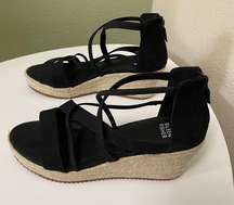 Eileen Fisher Women’s Espadrille WedgeTumbled Nubuck Black Straps Sz 9 Jute Sole