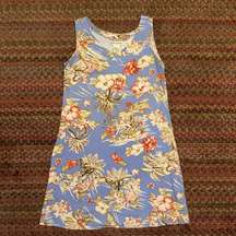 VINTAGE BLUE HAWAIIAN FLORAL LADY PRINT SHIFT DRESS