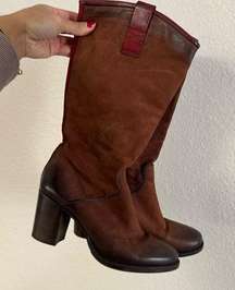 YKX & Co Brown Leather Heeled Boots Boho Western size 38 / 7-7.5 RARE