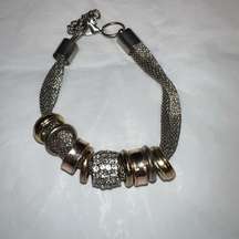 Mesh Twisted Silver Tone Bracelet With Barrel Charms