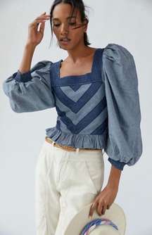 NWT  Love the Label Denim Puff Sleeve Smocked Blouse