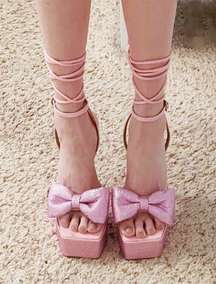 Dolls Kill Ego Barbie Pink Taste Diamante Bow Square Platform Lace Up Sandals