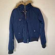 American Eagle Blue Puffer Jacket with Faux Fur Hood