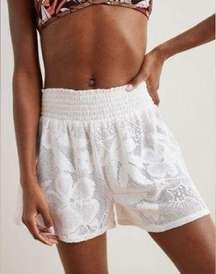 Lace Elastic High Waisted Beach Shorts - White - S