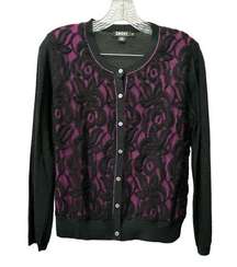 DKNY Black Silk Cardigan Purple Lace Inlay Front Button Up Size Medium