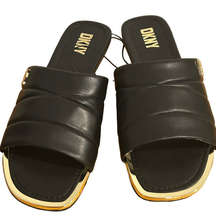 DKNY Logo Flat Slides Womens Size 9M Black Gold Accents Square Toe Faux Leather