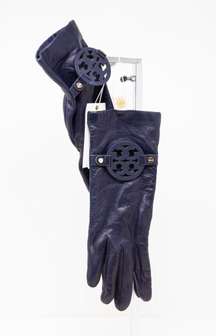 NEW Tory Burch Miller Genuine Leather Cashmere Lined Pull On Gloves Navy Blue OS