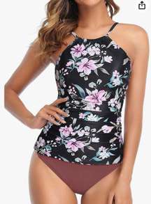 Two Piece Tankini Swimsuit for Women High Neck Ruched Tummy Control Top with Bottom Bathing Suits