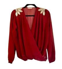 Harper burgundy faux wrap metallic appliqué blouse size small
