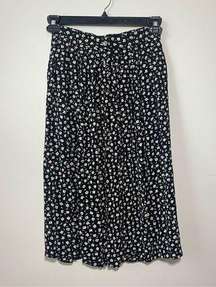 Vintage Liz Claiborne A-line Pleated Black w floral Print Midi Button Down Skirt