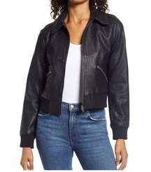 Halogen Black Faux Leather Bomber Jacket Collared Zip Medium M NWT