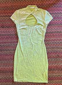 LIGHT GREEN CRUSHED VELVET HIGH NECK CIRCLE CUT OUT MINI DRESS