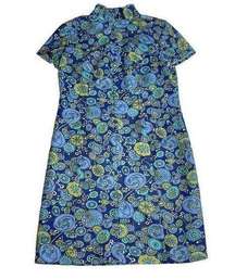 70s vintage blue and green floral mock neck mini dress large