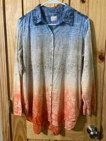 Chico’s (size L/XL?) lightweight cotton ombré button-down shirt with tab sleeves