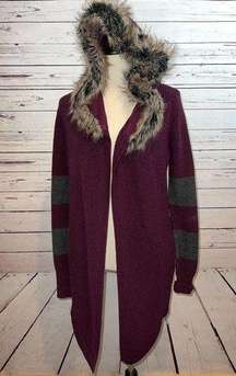 Fox Racing Duster Cardigan Knit Sweater Medium Hooded Fur Trim Hoodie Purple