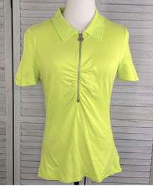 Stretchy Zip Front Short Sleeve Polo Chartreuse-Medium