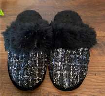 Fuzzy Black Fur Tweed Slippers Size Large 9-10