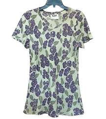 FLAX Linen Floral Print Tunic Length Short Sleeve Tee Green Purple Size S