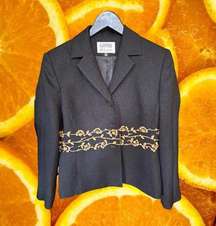 Kasper Black Blazer With‎ Gold Floral Embroidered Design Size 6P