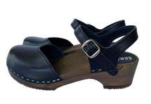 SANDGRENS Saragasso Swedish Wooden Clogs Black Leather Size 39 US 8 8.5