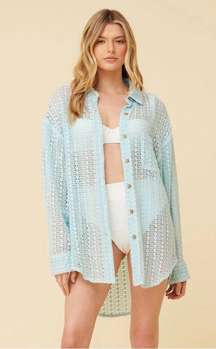 Aqua Blue Crochet Sheer Coverup Button Down Shirt