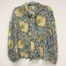 Morris & Co X H&M womens Size 6 Floral Button Up Blouse Puff Sleeve Front Tie