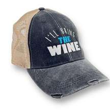 I'll Bring The Wine Distressed Mesh Back Trucker Baseball Cap Hat Piper Lou O/S