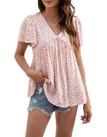 NEW Boho Floral Babydoll Top V Neck Petal Sleeve Blouse S