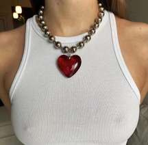 Y2K Chunky Red Heart Silver Ball Chain Necklace 