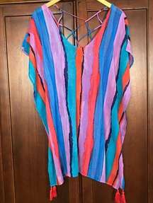 Palisades Beach Club Women Colorful Sheer Swimsuit Cover-Up Tassels Size XS/S