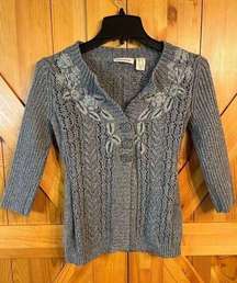 DKNY Jeans Gray 3/4 Sleeve Cardigan Sweater with Floral Detail Small (2552)