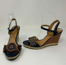 Jack Rogers Clare Embroidered Leather Open Toe Wooden Wedge High Heel Shoes Blue