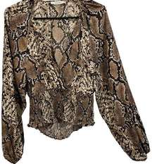 Idem Ditto Faux Snakeskin Cropped Long Sleeve Wrap Style Smock Cutout Blouse