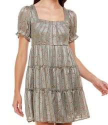 Trixxi Womens Green Pleated Metallic Lined Tiered Floral Dress Women’s Small