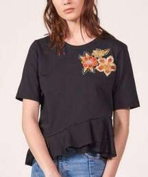 Sandro Paris Womens Peplum Floral Patch Embroidered Tee Size 1 US Small