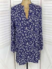Floral Bell Sleeve Tunic Shirt Dress Blue White Small