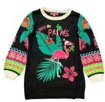 33 Degrees Black Deck The Palms Sequin Flamingo Tropical Holiday Sweater Dress L