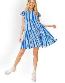 Royal Blue Stripes Print Mini Dress Size L