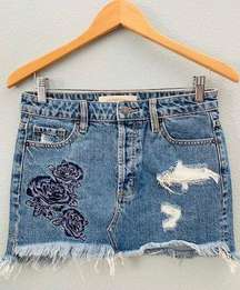 Embroidered Floral Mini Jean Skirt Medium Wash Denim Small