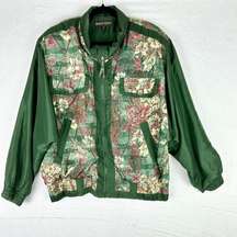 Vintage River Edge Silk Floral Windbreaker Bomber Jacket Size Large Green