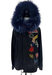 Mr. & Mrs. Italy Patchwork Navy Raccoon Collar Parka