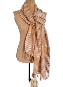 Vince Camuto Womens One Size Woven Plaid Print Fringe Scarf Neutral Colors 80x25