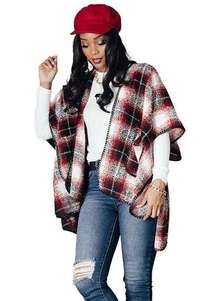 Boutique Red Black White Tan Plaid Poncho Sweaters One Size