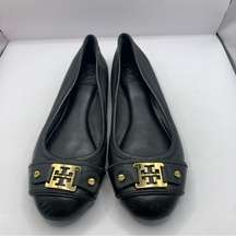 Tory Burch CLINES Pebble Leather Black Open Toe Ballet Flats 7M Used