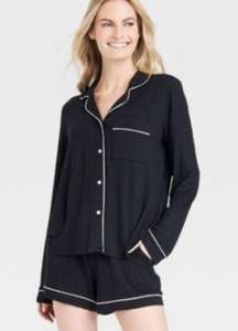 Women's Soft Long Sleeve Top and Short Pajama Set Black Small