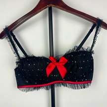 Frederick's of Hollywood Black Red Burlesque Mesh Demi Bedazzled Ruffle Mesh Bra